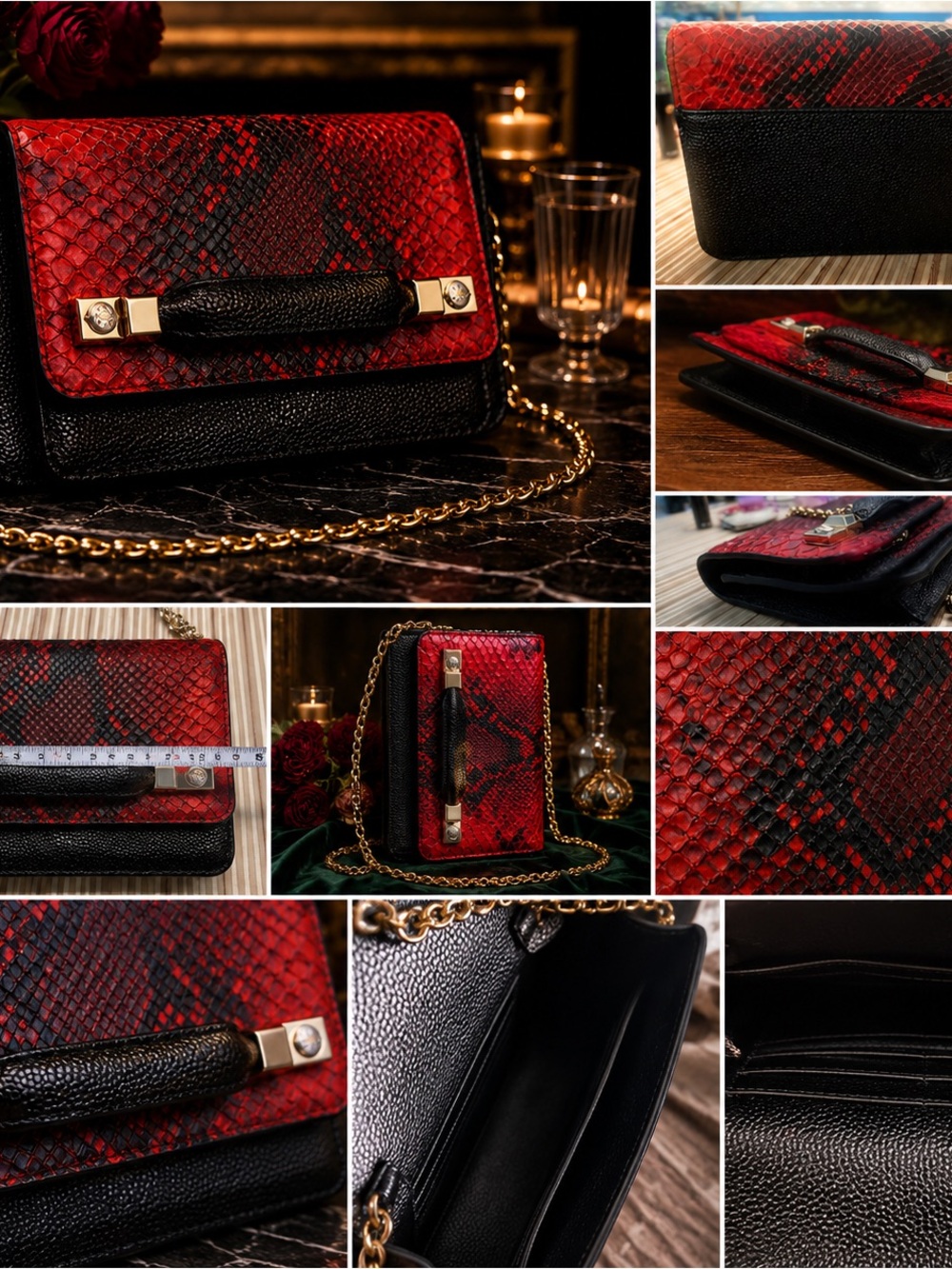 Henri Bendel Exotic Red and Black Snake-Embossed Clutch with Gold Hardware - Picture 11 of 13